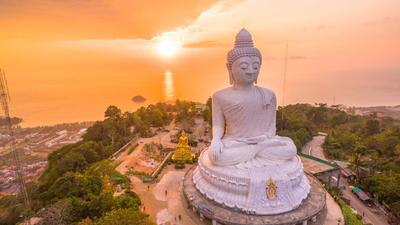 Stunning panoramic view of Phuket big Buddha in sunset time